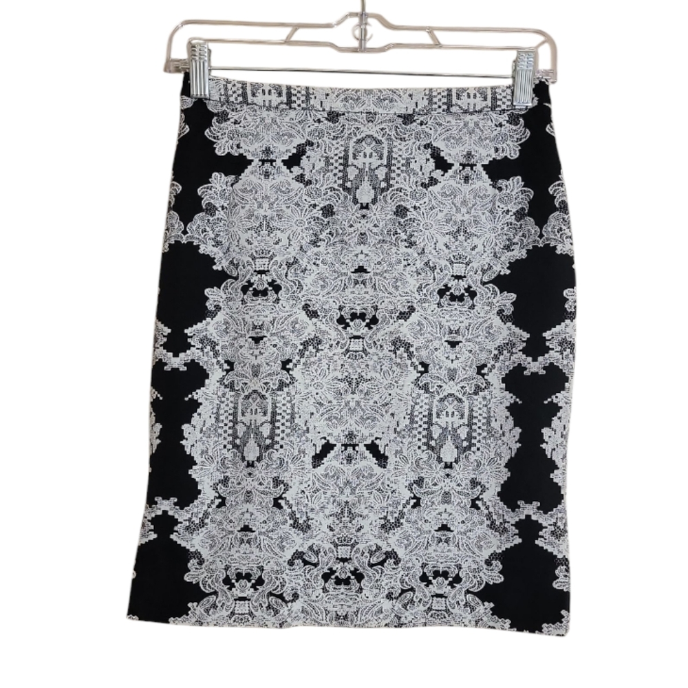 H&M paisley pencil skirt women’s 4 black white blue zip back office career